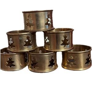 Vtg Brass Christmas Tree Napkin Rings set of 6 Dining Table Linen Decor Holiday‎